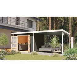 Karibu tuinhuis Pluto B met overkapping antraciet-wit, 571 x 271 cm