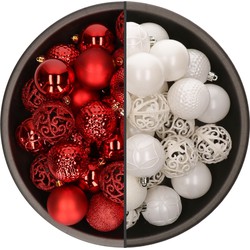 74x stuks kunststof kerstballen mix van rood en wit 6 cm - Kerstbal
