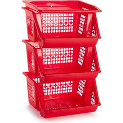 2x Rode opberg stapelkratten/organizers 3 vakken 62 x 32 cm - Opbergmanden