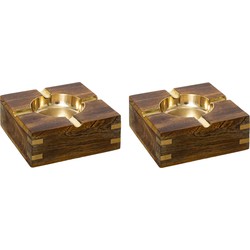 Set van 2x stuks terras asbakken vierkant metaal/hout 10 x 4 cm goud - Asbakken