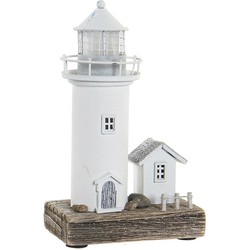 Items Decoratie Maritiem beeldje Vuurtoren met LED lampje - Hout - 13 x 30 cm - wit - Beeldjes