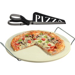 Keramieken pizzasteen rond 33 cm met handvaten en zwarte pizzaschaar - Pizzaplaten