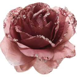 1x stuks oud roze decoratie bloemen rozen op clip 14 cm - Kersthangers