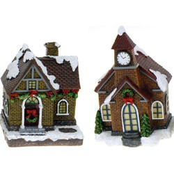 2x Kersthuisjes/kerstdorpje met verlichting 13 cm - Kerstdorpen