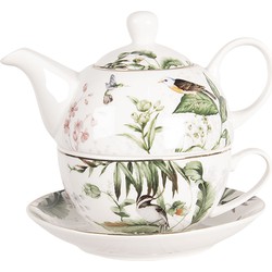 Clayre & Eef Tea for One  460 ml Wit Groen Porselein Vogels Theepot set