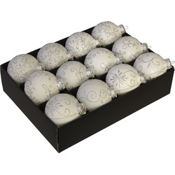 12x stuks luxe glazen gedecoreerde kerstballen wit 7,5 cm - Kerstbal