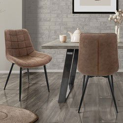 Eetkamerstoel set van 2 vierkant gewatteerde bruine kunstleren bekleding met metalen poten incl. montagemateriaal ML-Design