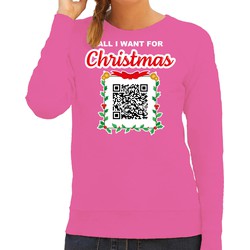 Bellatio Decorations Foute kersttrui/sweater dames - QR code - Een lekkere gast - roze -kerstsweater M - kerst truien