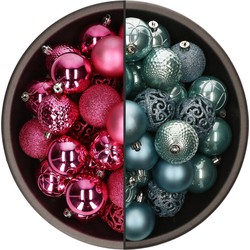 74x stuks kunststof kerstballen mix van ijsblauw en fuchsia roze 6 cm - Kerstbal