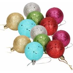12x Gekleurde onbreekbare kerstballen met glitters 5 cm - Kerstbal