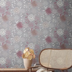 Livingwalls behang bloemmotief grijs, wit, rood en lila paars - 53 cm x 10,05 m - AS-389002