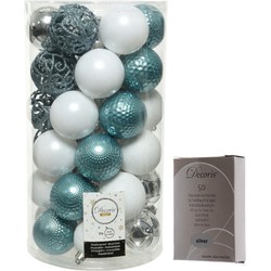 Kerstversiering mix pakket kunststof kerstballen 6 cm zilver/ijsblauw/wit 37x stuks met haakjes - Kerstbal