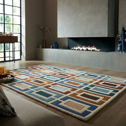 Retro Vloerkleed Geblokt - Handgetuft Gekleurd - Blauw / Multi - 120 x 170 cm