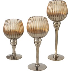 Luxe glazen design kaarsenhouders/windlichten set van 3x stuks brons transparant 20-30 cm - Waxinelichtjeshouders