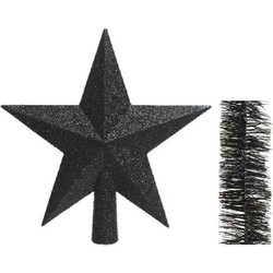 Kerstversiering kunststof glitter ster piek 19 cm en folieslingers pakket zwart van 3x stuks - kerstboompieken