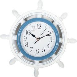 Gerimport Wandklok - stuurwiel - 33cm - wit met blauw - nautisch thema - Wandklokken