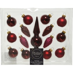 Decoris Kerstballen en piek - set - mini - glas - 3 cm - 15 delig - Kerstbal