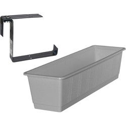 Kunststof plantenbak grijs rechthoekig 60 cm met 2 verstelbare railing beugels - Plantenbakken