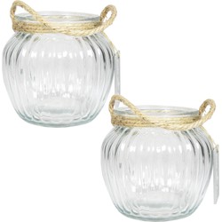 2x stuks glazen ronde windlichten Ribbel 2 liter met touw hengsel/handvat 15 x 14,5 cm - Vazen