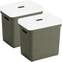 Set van 2x opbergboxen/opbergmanden donkergroen van 25 liter kunststof met transparante deksel - Opbergbox