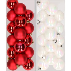 32x stuks kunststof kerstballen mix van rood en parelmoer wit 4 cm - Kerstbal