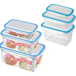 6x Voedsel plastic bewaarbakjes diverse formaten transparant/blauw - Vershoudbakjes