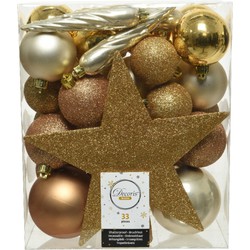 Decoris kerstballen - 33x st incl. ster piek - goud/champagne/bruin - kunststof - Kerstbal