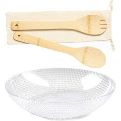 Plastic Forte Slakom/schaal met bamboe slacouvert - Kunststof - D30 cm - Saladeschalen