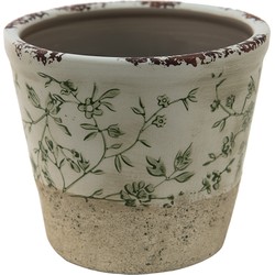 Clayre & Eef Bloempot  Ø 21x19 cm Groen Wit Keramiek Rond Bladeren Bloempot binnen