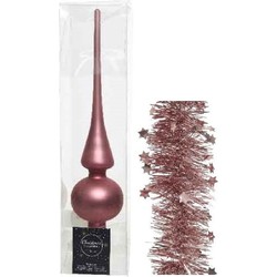 Kerstversiering glazen piek mat 26 cm en sterren folieslingers pakket oud roze van 3x stuks - kerstboompieken