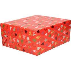 2x Rollen inpakpapier/cadeaupapier Kerst print rood/gekleurde kerstbomen 250 x 70 cm luxe kwaliteit - Cadeaupapier
