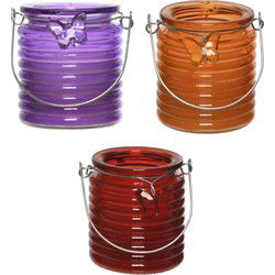 Citronella windlicht met kaars - 3x - paars/oranje en rood - 20 branduren - citrusgeur - geurkaarsen
