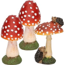 Decoratie paddenstoelen setje met 2x gewone paddestoel en 1x met een egeltje - Tuinbeelden