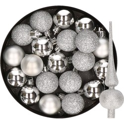 24x stuks kunststof kerstballen 6 cm inclusief glitter piek zilver - Kerstbal