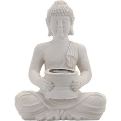 Wit Boeddha beeld met solar verlichting 31 cm - Tuinbeelden