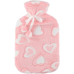 Warmwaterkruik 2 liter met zachte fleece hoes roze/hartjes - Kruiken