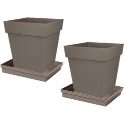 Set van 3x stuks bloempotten Toscane vierkant kunststof taupe 32 x 32 x 32 cm inclusief onderschalen - Plantenpotten