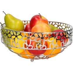 Metalen fruitschaal/fruitmand rond zilver met bloemenpatroon 28 x 28 cm - Fruitschalen