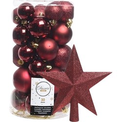 Decoris kerstballen 30x stuks - donkerrood 4/5/6 cm kunststof mat/glans/glitter mix en piek - Kerstbal