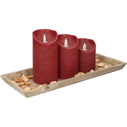 Houten dienblad met steentjes en 3 LED kaarsen in het bordeaux rood 39 x 15 cm - LED kaarsen