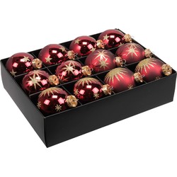 12x stuks luxe glazen gedecoreerde kerstballen donkerrood 7,5 cm - Kerstbal