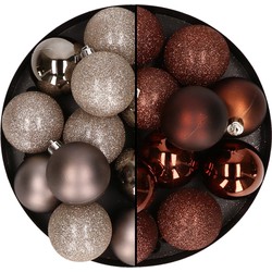 24x stuks kunststof kerstballen mix van champagne en donkerbruin 6 cm - Kerstbal