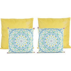 Bank/tuin kussens set - binnen/buiten - 4x stuks - blauw/geel print - In een 2 kleuren mix - Sierkussens