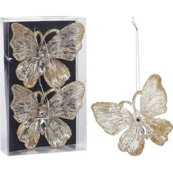 6x stuks decoratiehangers vlinders champagne/goud 15 cm - Kersthangers