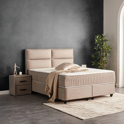 Boxspring bed met opbergruimte - 160x200 cm - Beige - Opbergbed - Senna Inclusief 32 cm matras en topper Comfortschuim