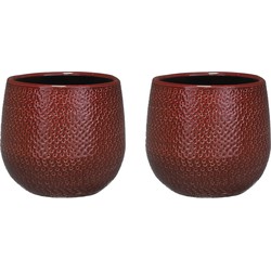 Set van 2x stuks bloempotten bordeaux rood ribbels keramiek voor kamerplant H12 x D14 cm - Plantenpotten