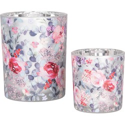 Clayre & Eef Theelichthouder Set van 2 Ø 7x8 / 10x13 cm Grijs Glas Bloemen
