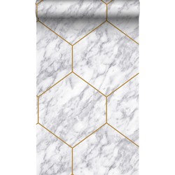 Origin Wallcoverings behang hexagon met marmer effect wit, grijs en goud - 50 x 900 cm - 347808