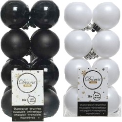 32x stuks kunststof kerstballen zwart en wit 4 cm - Kerstbal