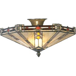 LumiLamp Plafondlamp Tiffany  Ø 40x23 cm  Beige Bruin Metaal Glas Plafonniere
